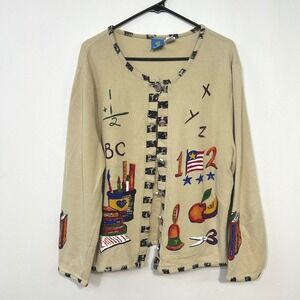 Sport Elle Teacher‎ School Theme Ramie Cotton Cardigan Sweater XL Whimsical 90s